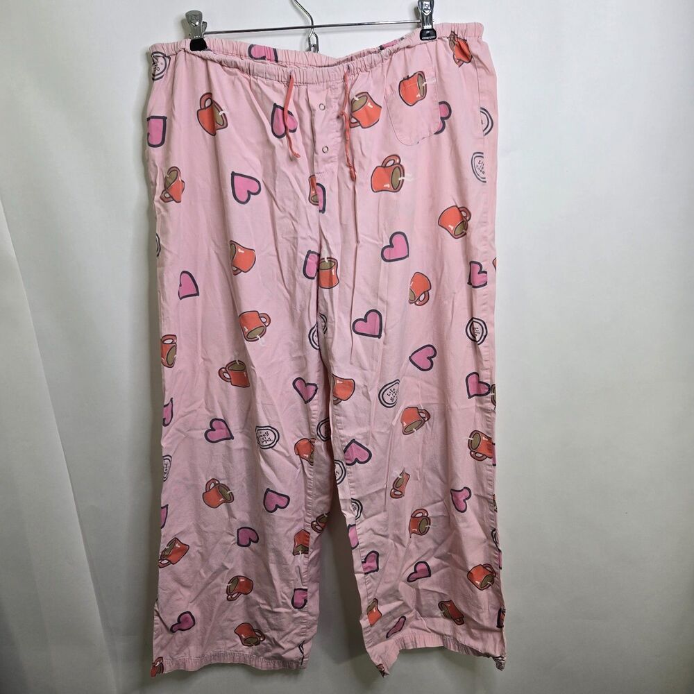 Life is Good Pajama Pants Womens XL Pink Heart Coffee Mug Cotton PJ Lounge Botto